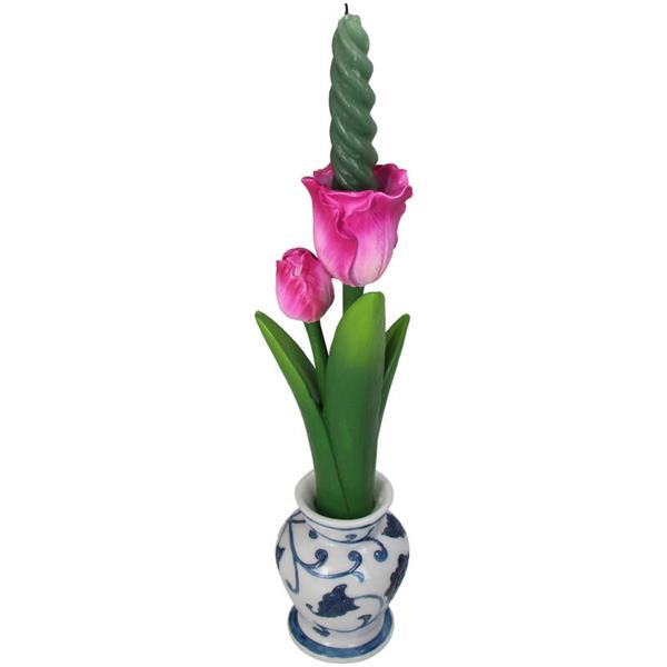 Lysestake blå og hvit med tulipan 31 cm