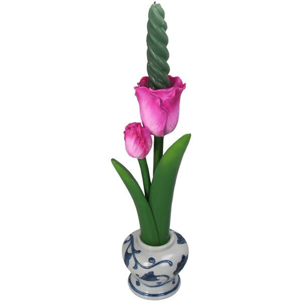 Lysestake blå og hvit urne med rosa tulipan 27 cm