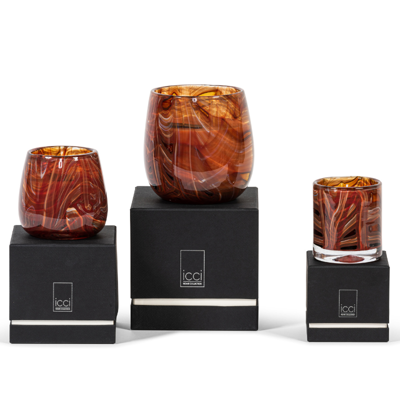 Telysglass mønster oransje 12 cm