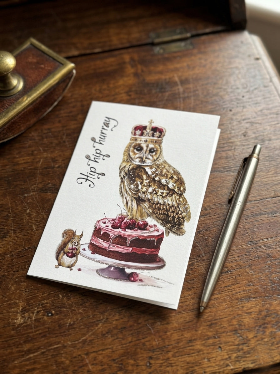 Glitterkort Hip hip hurray King Owl