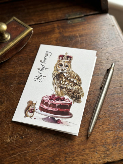 Glitterkort Hip hip hurray King Owl