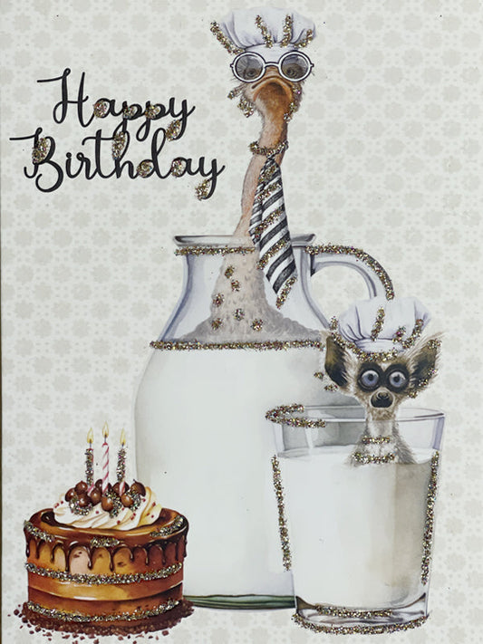 Glitterkort Happy Birthday in milk