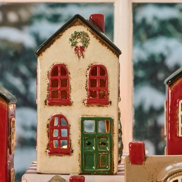 Lyshus Stille natt grønn dør og krans