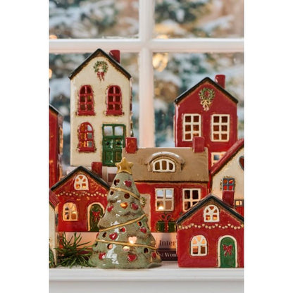 Lyshus Stille natt rødt tak og juletre