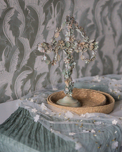 Løper brodert blomster krem 250 cm