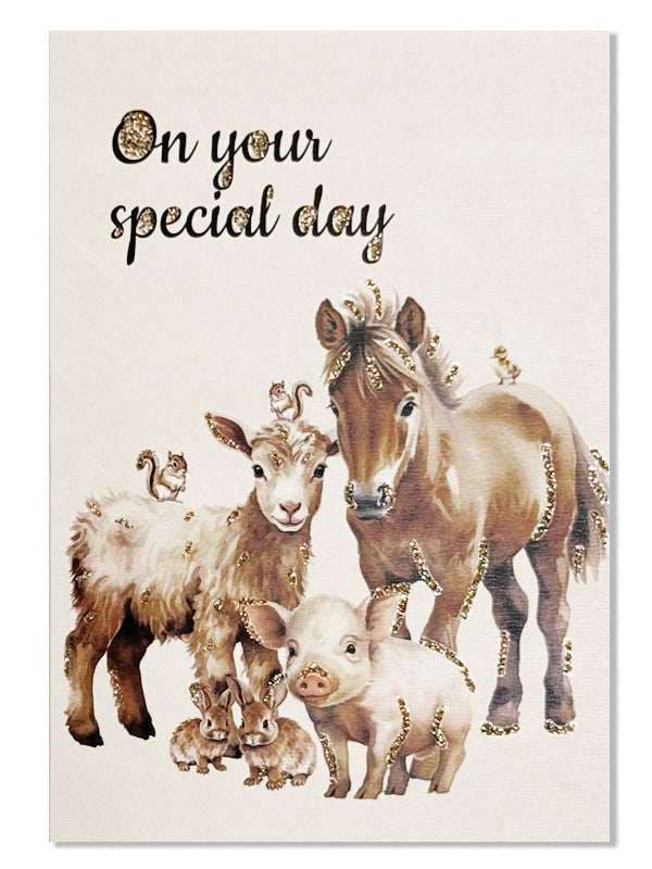 Glitterkort On your special day Farm animals