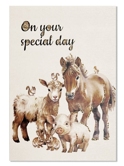 Glitterkort On your special day Farm animals