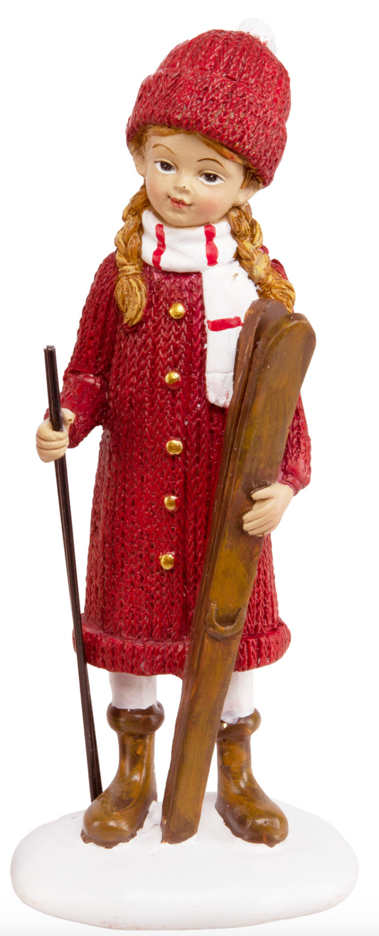 Jente med ski rød H16,5 cm