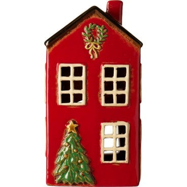 Lyshus Stille natt rød juletre foran huset