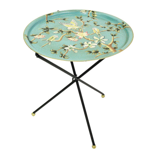 Side table w/tray flowers turquoise 61 cm