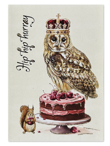 Glitterkort Hip hip hurray King Owl