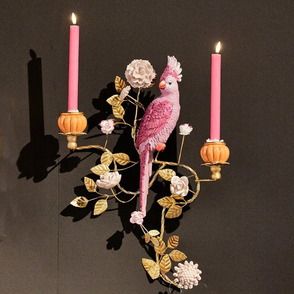 Vegghengt papegøye lysestake rosa