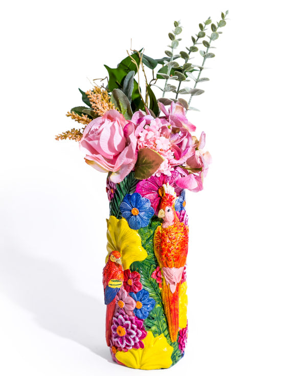 Vase blomster og papegøye 31 cm