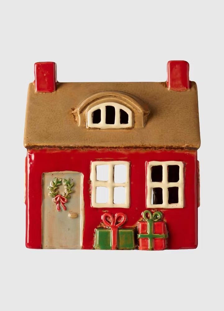 Lyshus Stille natt rød dørkrans og gaver