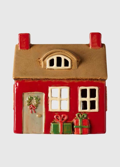 Lyshus Stille natt rød dørkrans og gaver