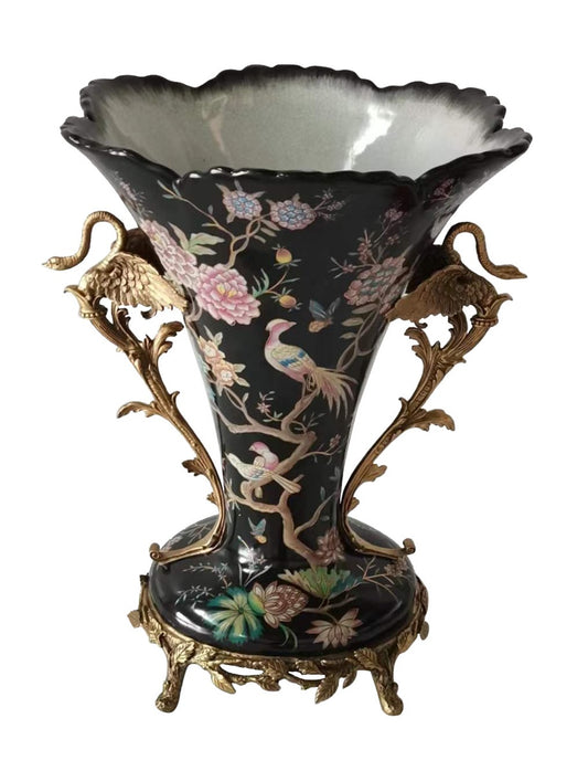 Vase fugler og blomster svart 36 cm