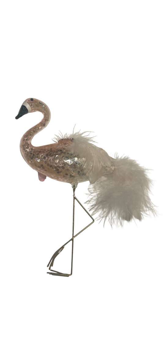 Juletrepynt Flamingo m/fjær og perler 14 cm