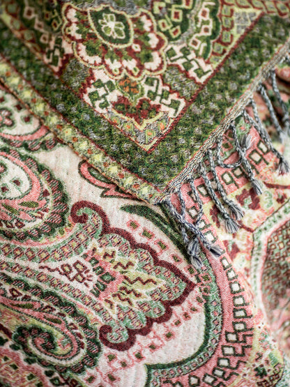 Pledd ull Paisley Green & Peach 140x200 cm