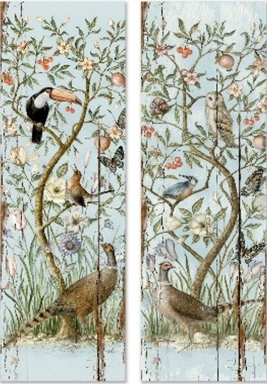 Bilde blomster og fugler lys blå 35x107 cm