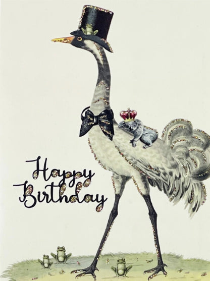 Glitterkort Happy Birthday Fugl m/flosshatt
