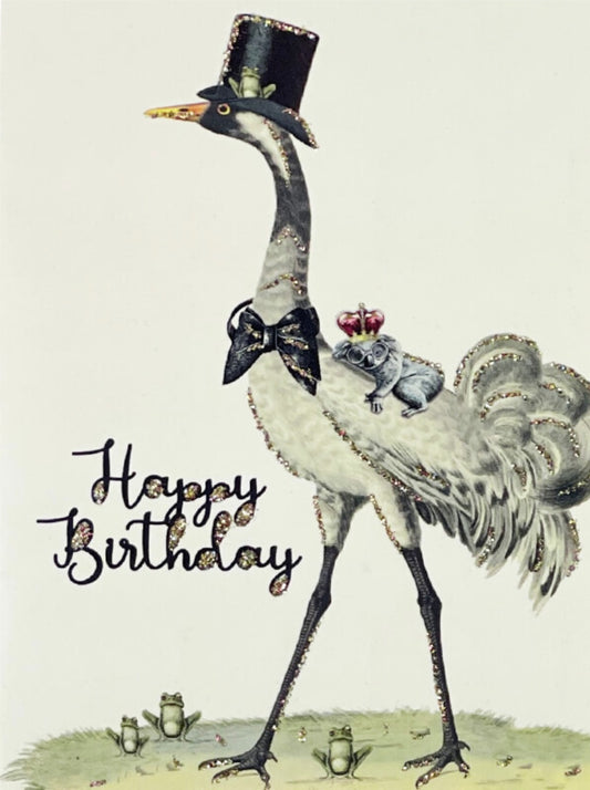 Glitter Card Happy Birthday Bird with Top Hat