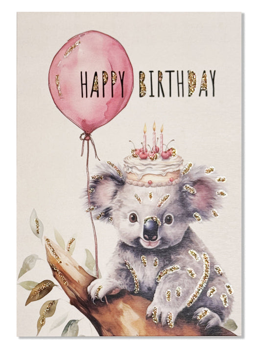 Glitterkort Happy Birthday Koala