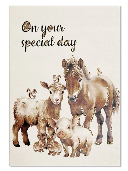 Glitterkort On your special day - Farm animals