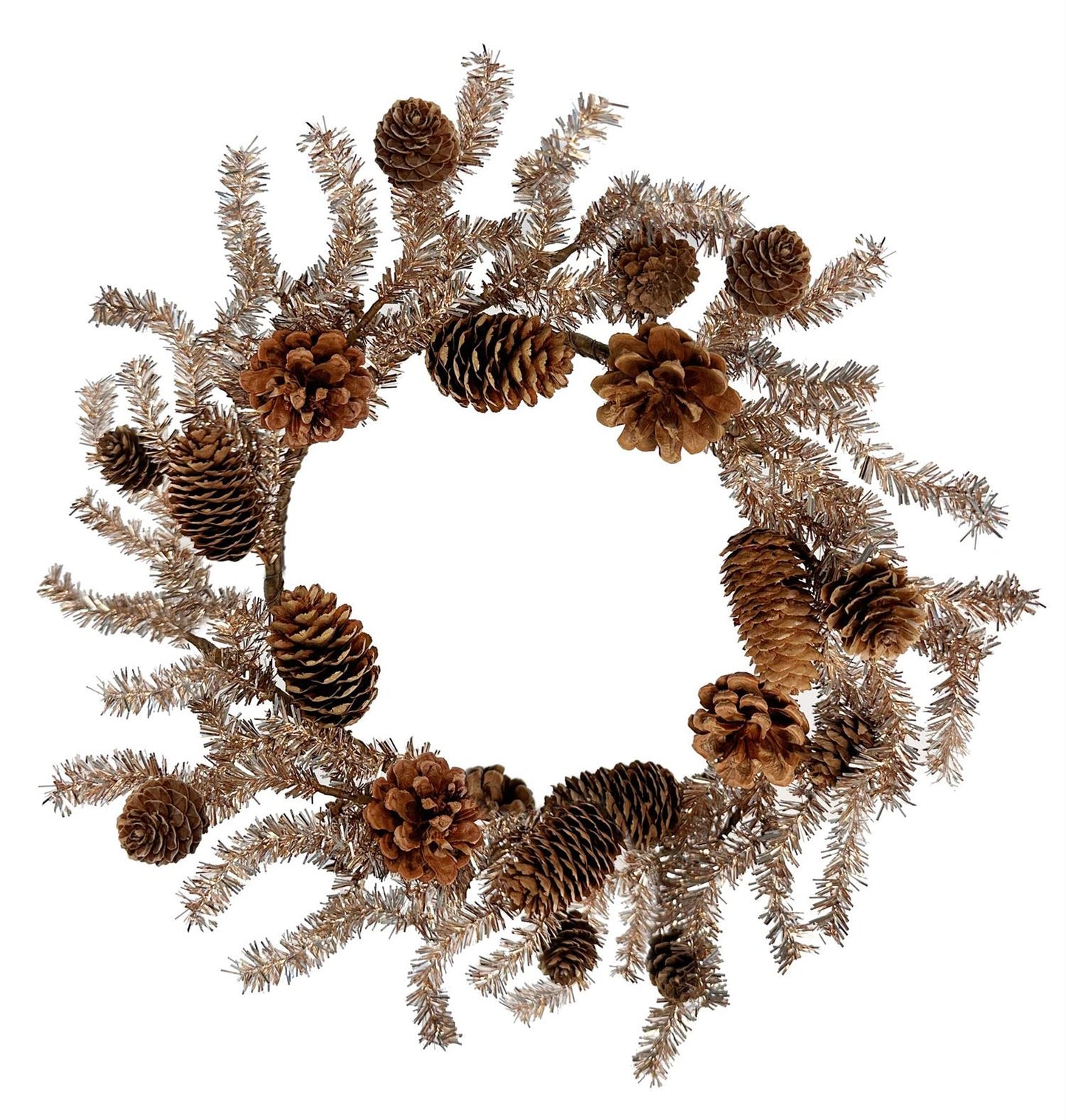 Tinsel wreath with cones gold 33 cm
