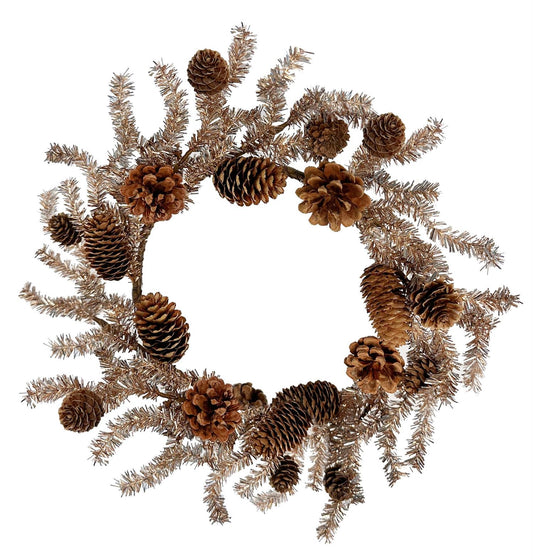 Tinsel wreath with cones gold 33 cm