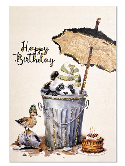 Glitterkort Happy birthday Rubbish bin